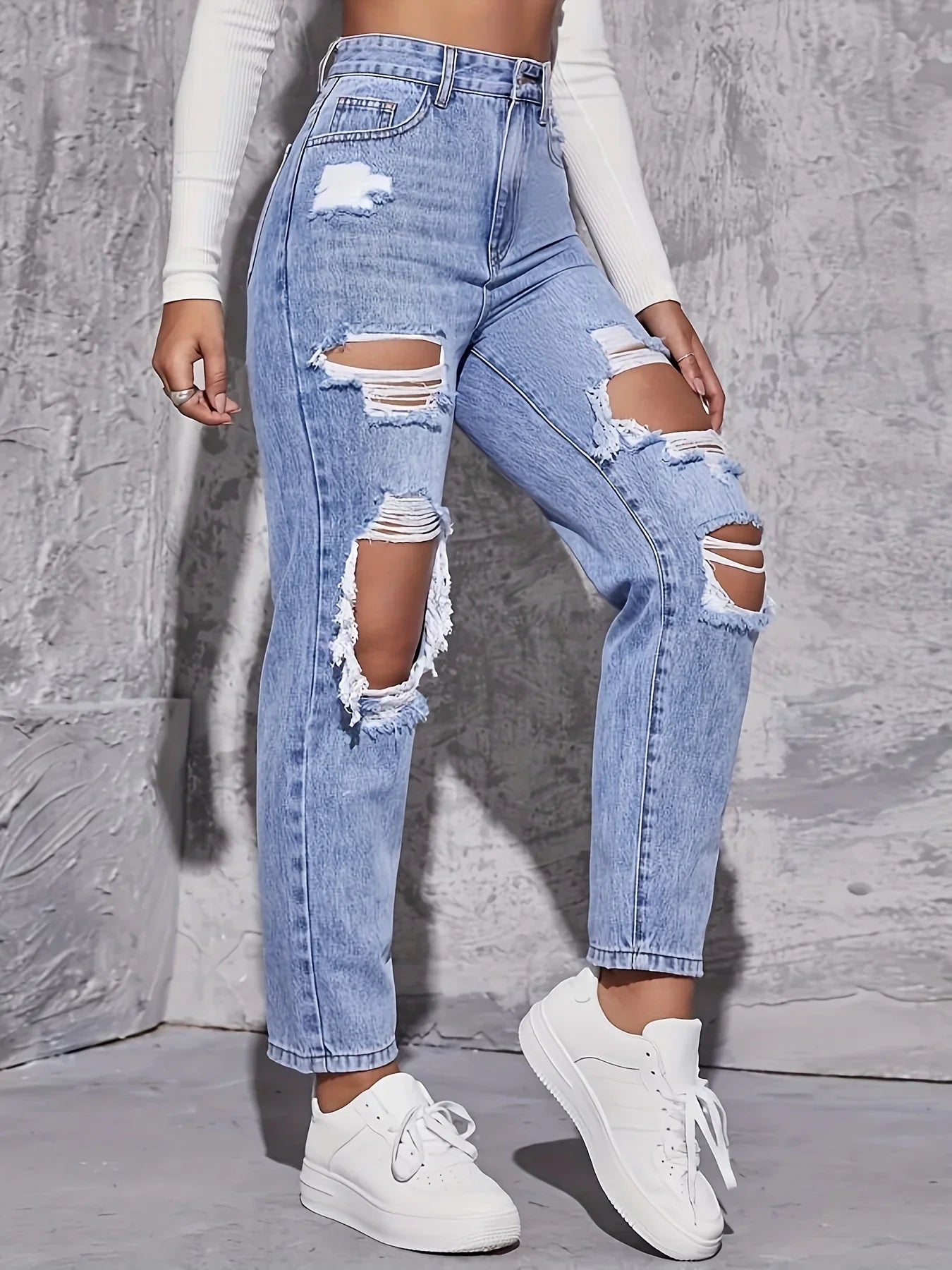 CPSYMYM Amerikanische Retro-Jeans mit Locher für Damen, hohe Taille, gerader Schritt, lockeres, schlankes Design, High-Street-Vibe, weitbeiniger Draggi